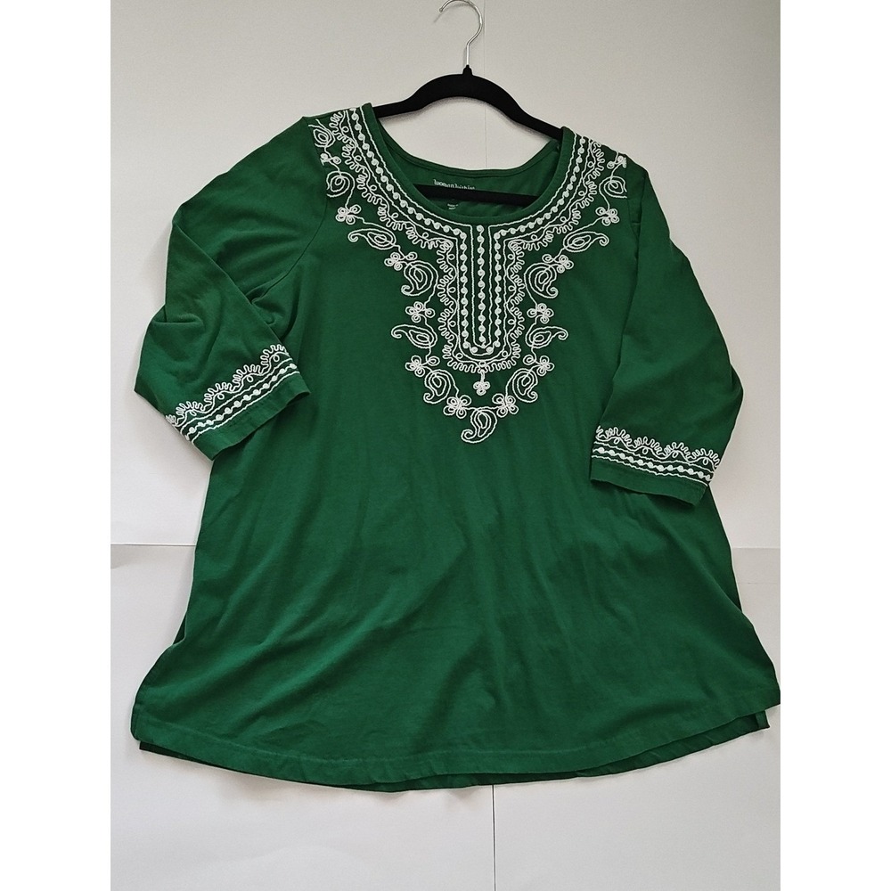 Woman Within Forest Green Embroidered Tunic Top 14/16 3/4 Sleeve Cotton Blouse‎